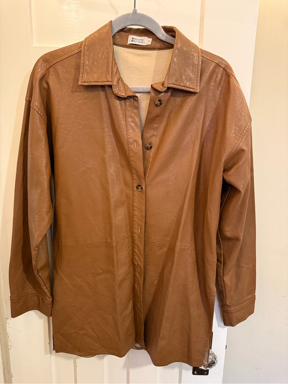 Brown Faux Leather Button-Front Coat shirt